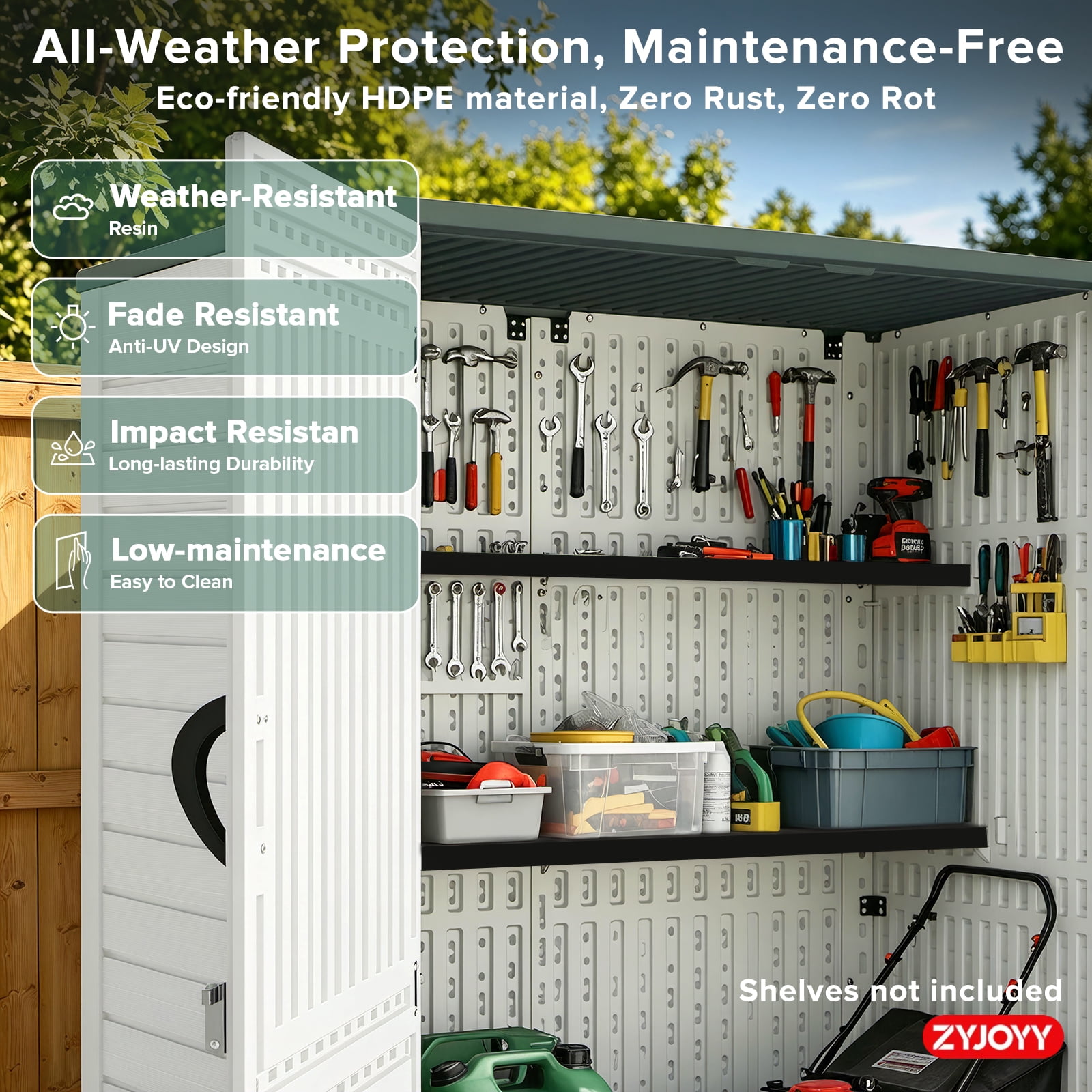 ZYJOYY Outdoor Storage Cabinet, 60 Cu. Ft. Resin Vertical Storage Shed with Floor, Lockable Waterproof Storage for Garden Tools, Pool Supplies & Patio Essentials, Grey