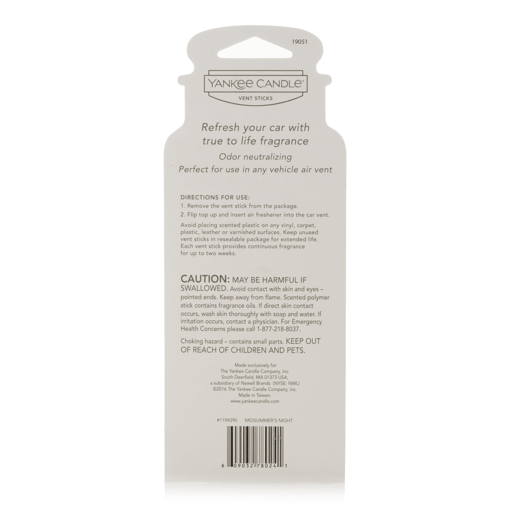 Yankee Candle Car Air Freshener Vent Sticks, Midsummers Night, 4 Count
