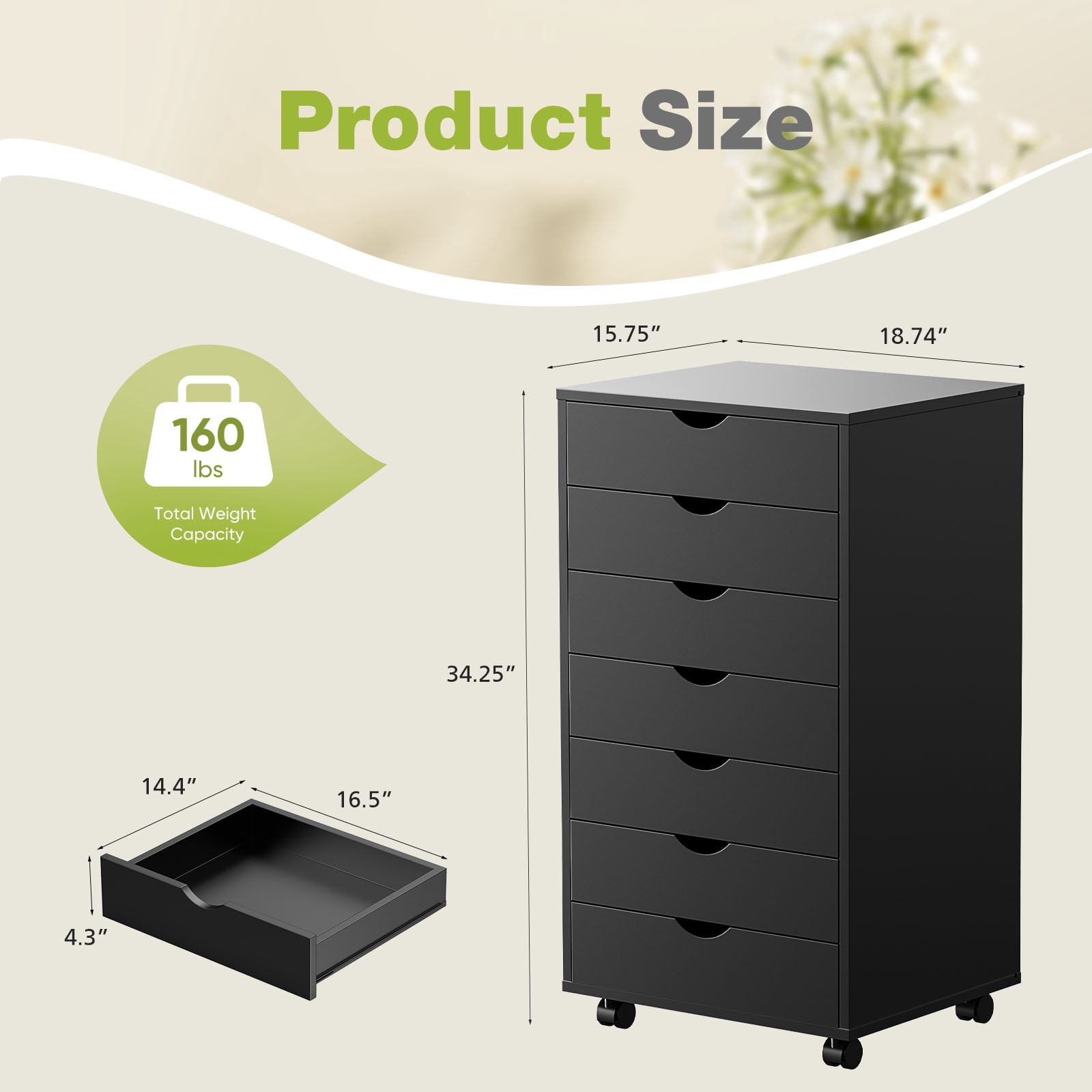 CONCETTA 7-Drawer Wooden Storage Chest, Mobile File Cabinet with Wheels, Versatile Dresser for Home, Office, or Bedroom Organization, Black