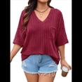 thumbnail image 1 of Camisetas con Cuello en V para Mujer, Blusas de Punto A Rayas de Media , Corte Holgado, Color Vino Tinto XXL, 1 of 8