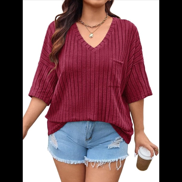 Camisetas con Cuello en V para Mujer, Blusas de Punto A Rayas de Media , Corte Holgado, Color Vino Tinto XL