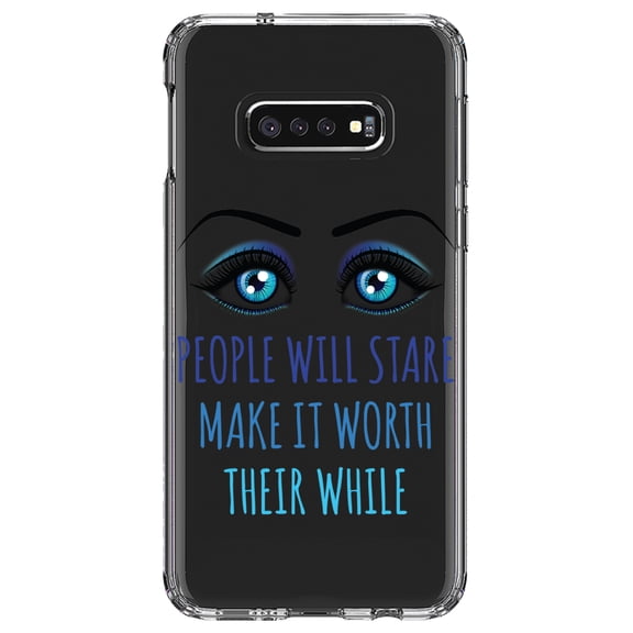 DistinctInk Clear Shockproof Hybrid Case for Samsung Galaxy S10e (5.8" Screen) - TPU Bumper Acrylic Back Tempered Glass Screen Protector - People Will Stare Make it Worth Their While