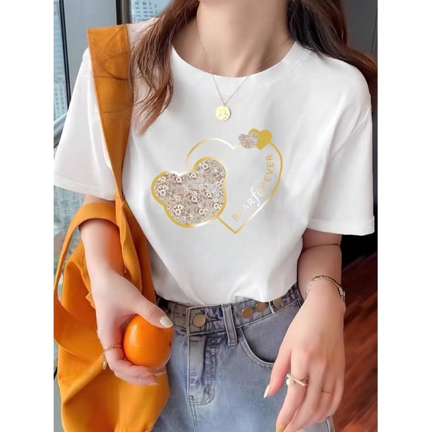 Women's Printed Crew Neck Short Sleeve T-Shirt Casual Top, Summer Graphic Tees Women Tops
