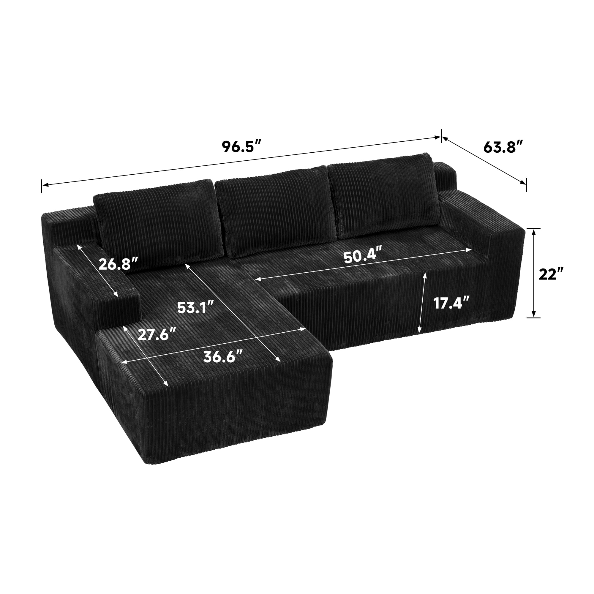 Modular L Shaped Sectional Sofa 96.5 Inch, Corduroy Floor Couch with Foam Filling for Living Room Bedroom, No Assembly Required, Black