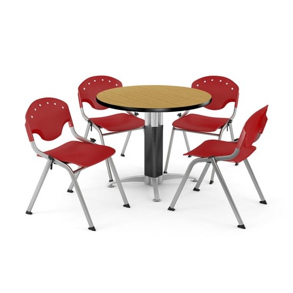OFM Core Collection Breakroom Bundle, 42" Round Metal Mesh Base Multi-purpose Table in Oak, 4 Rico Stacking Chairs in Red (PKG-BRK-023-0020)