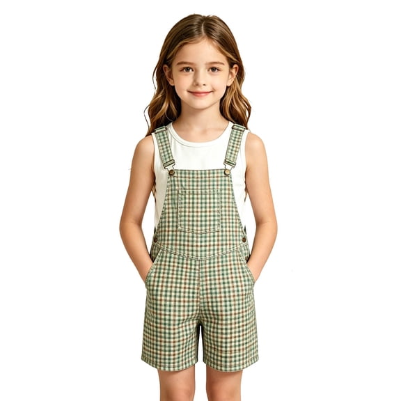CONZONE Kids Boys Girls Bib Overalls Casual Shortalls For Child Adjustable Strap Plaid Loose Romper Jumpsuit With Pockets