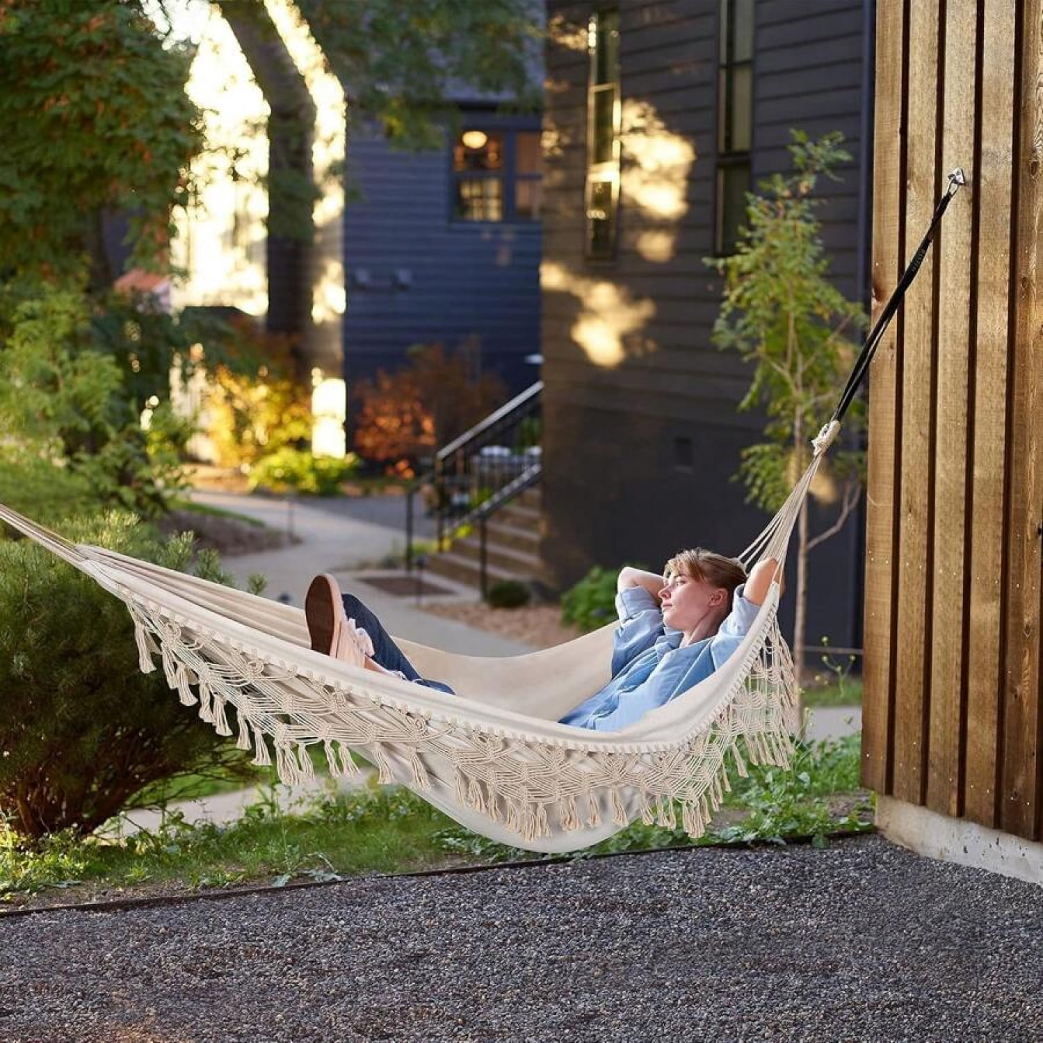 Boho Tassel Hammock - Large Portable 2-Person Double Boho Hammocks With Tassels, Portable Rope Hamaca Swing With Travel Bag For Outside, Porch, Garden, Patio, Backyard, Up To 500lbs Beige