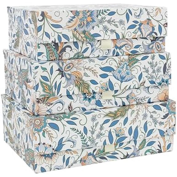 3-Piece Decorative Storage Boxes with Lids, Magnet and Ribbon, Plain White, Floral, Cardboard Paper Keepsake box Set, Photo Storage Box for Memory, Modern Stylish Home Decor