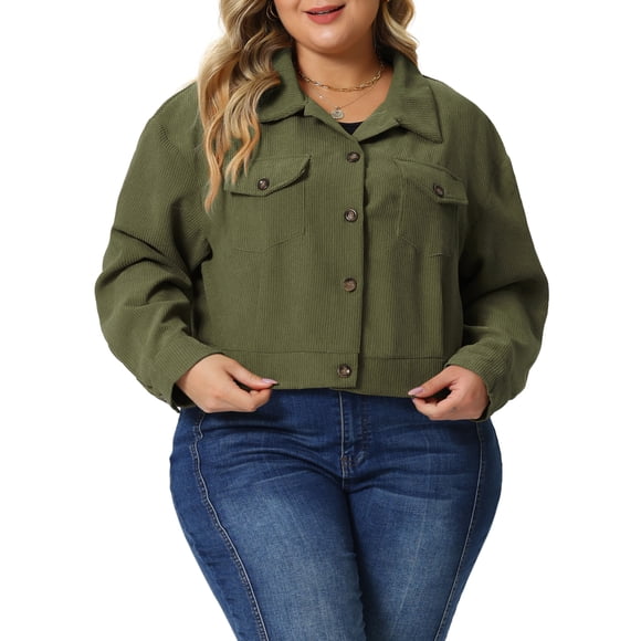 GRACE & GRANDEUR Chaqueta corta de mujer en tallas grandes, ligera, con botones, de pana, 3X, verde ejército