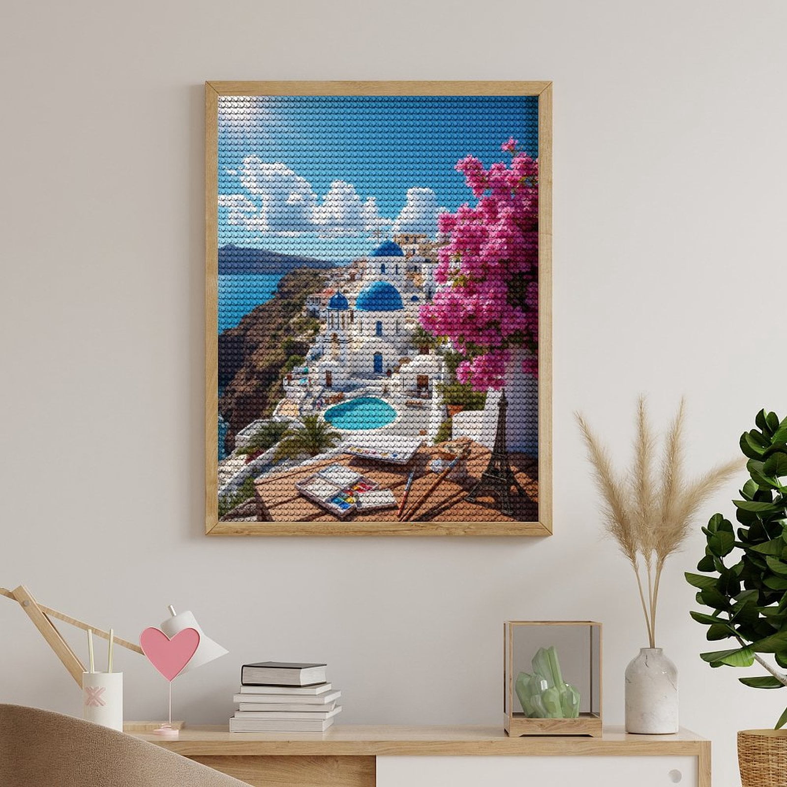 Diamond Art Kits for Adults, Santorini Blue Dome Flowers Painting View 5D Diamond Painting Kits for Adults Beginners, DIY Full Drill Diamond Painting, Gem Art and Crafts 12x16