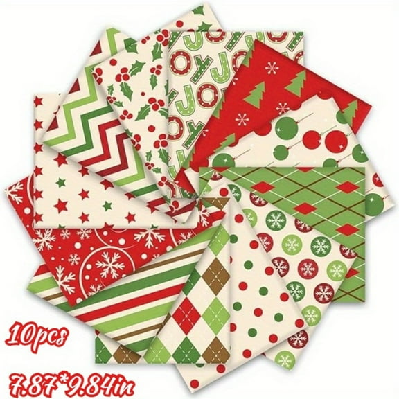 HSeurythmic 10Pcs Jelly Roll Fabric Strips for Quilting and Sewing, 10" x 8" Precut Cotton Fabric for DIY Craft Handmade Accessories, Christmas Series
