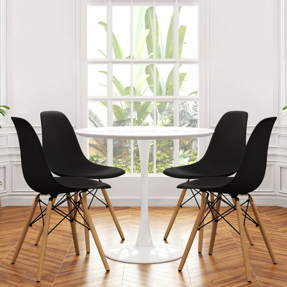 Modholic Tulip 36" Round Wood Dining Table & Set Of 4 Wood Leg Chairs, Black