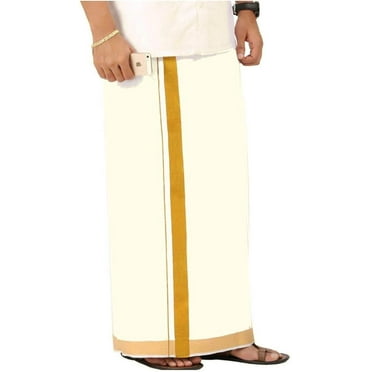 Stylesindia Pure Cotton Double Layer Dhoti Vesti Mundu Golden Zari Broad Border Dhoti 3.6 Meter-Cream