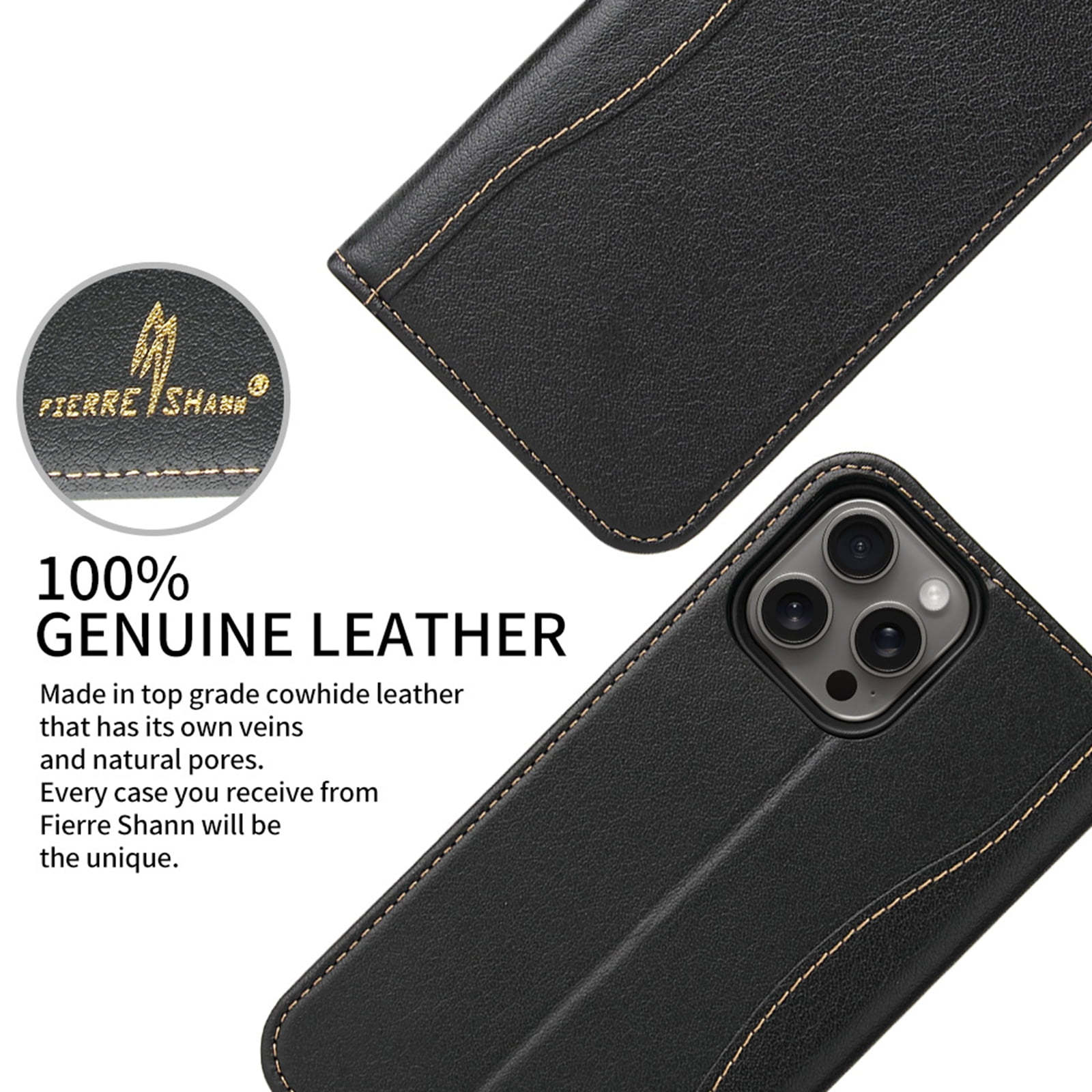 ShellTech for iPhone 16 Pro Leather Wallet Case,Luxury Genuine Vintage Leather [Slim and Durable] with Card Slot & Kickstand [Magnetic Closure] Flip Folio Case,Black
