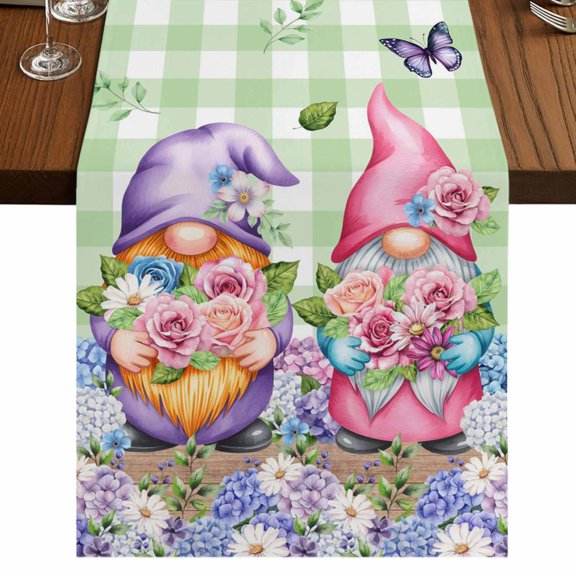 Table Runners 108 Inches Long Dress Scarves, Blue Purple Gnomes Farmhouse Coffee/Dining/Kitchen Table Runner for Living Room, Spring Hydrangea Flower Leaf Green Plaid 13x108 Inch
