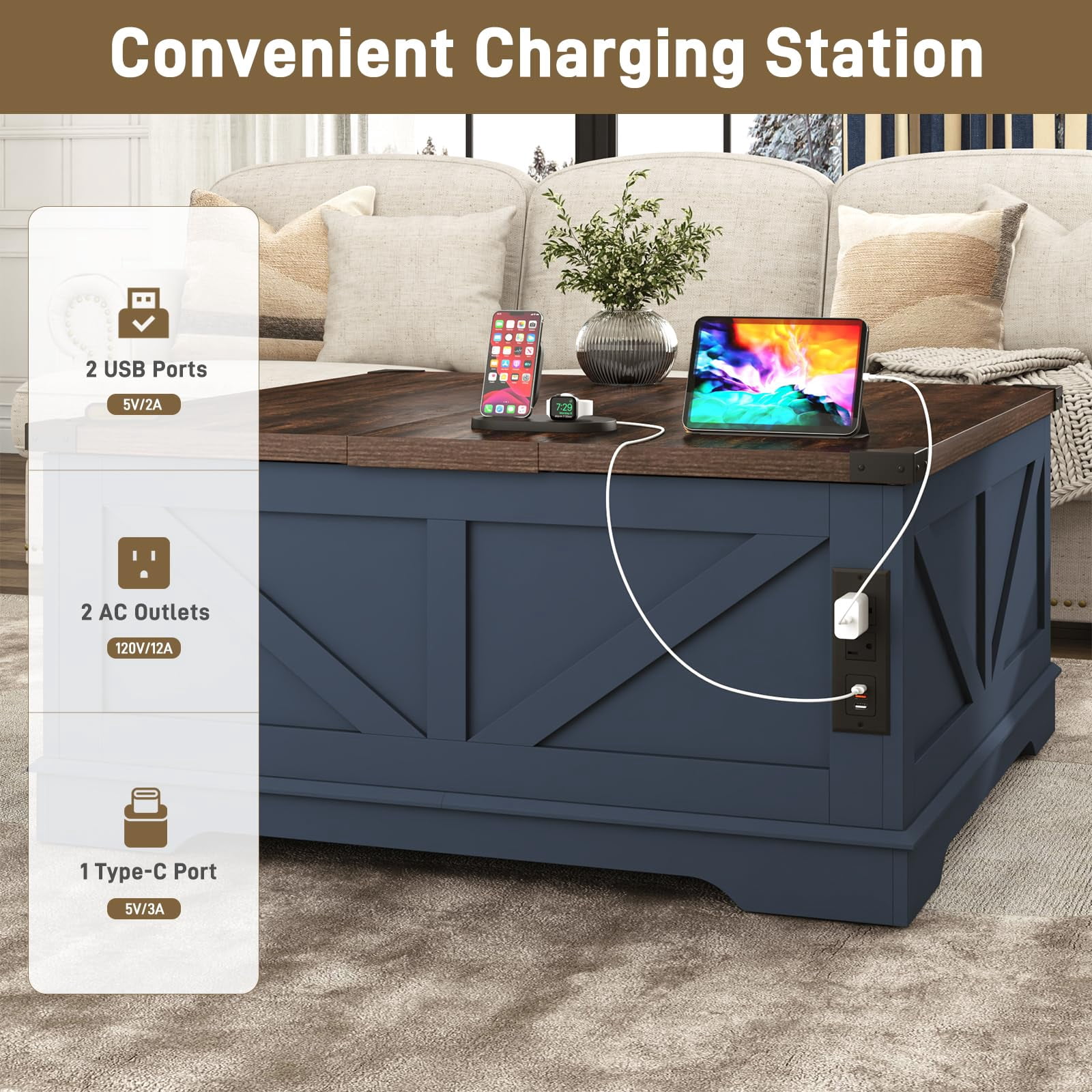 ChVans 40" Large Farmhouse Lift Top Coffee Table with Power Outlets, Square Wood Living Room Table with Large Hidden Storage, Multi-Function Lift Wooden Barn Door Center Table, Rustic Blue