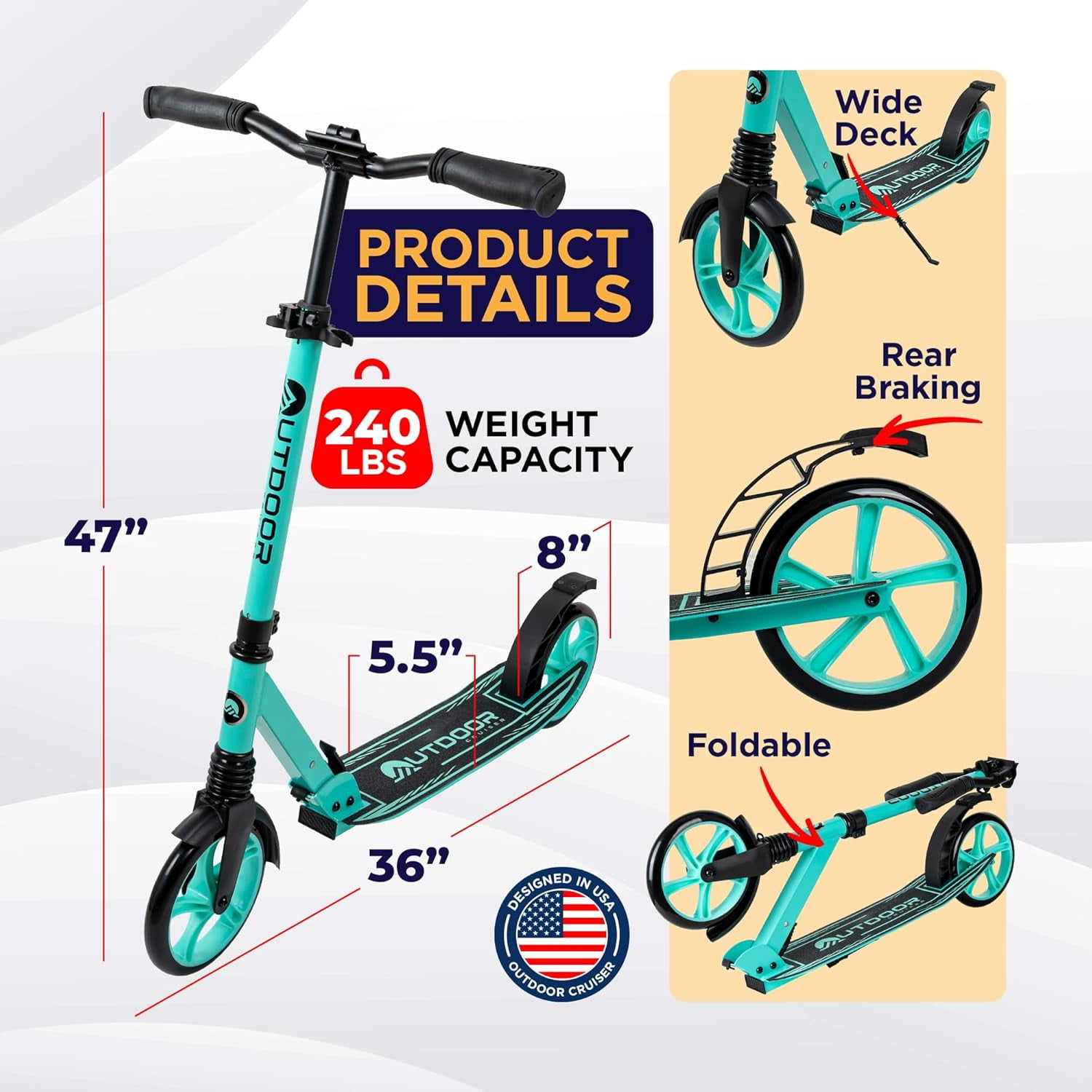 OutdoorCruiser Kick Scooter for Ages 6+, Kids, Teens & Adults, Foldable, Dual Suspension, 3-Level Adjustable Handlebar, Child Safety Approved, Aqua