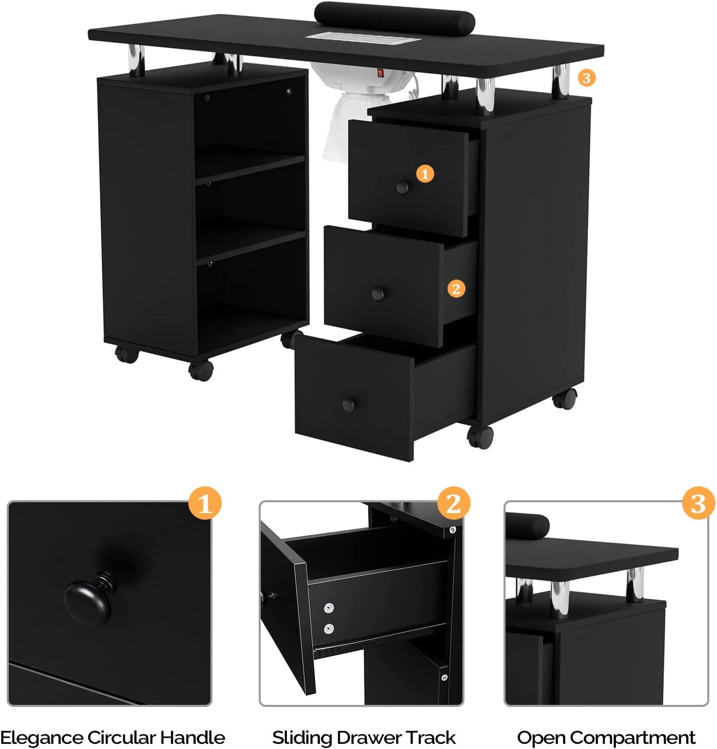 OmySalon Nail Desk Manicure Table for Nail Tech w/Electric Dust Collector, Portable Nail Table Station Beauty Salon Supplies Acetone Resistant w/Lockable Wheels,Wrist Cushion,3-Tier Shelves&Drawers