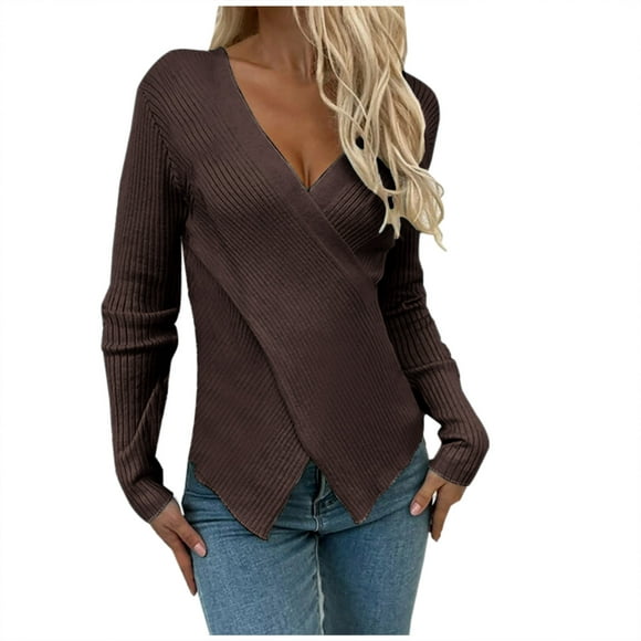 TIMIFIS Brown Womens Pullover Sweater Solid Casual Knit Surplice Wrap Long Sleeve Fall Winter Jumper Tops - Fall/Winter Clearance