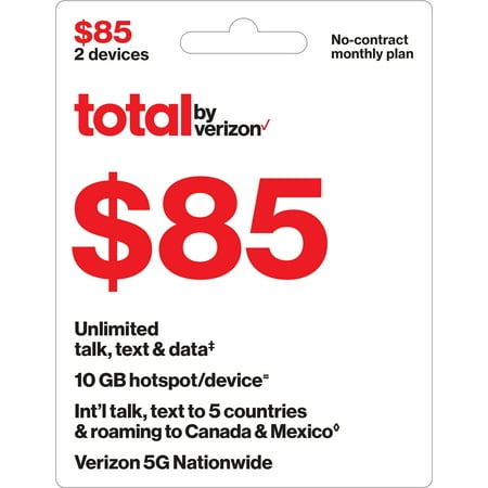 Total by Verizon $85 No-Contract Two Device Unlimited Talk, Text & Data Plan + 10GB Hotspot Data & Int'l Calling e-PIN Top Up (Email Delivery)