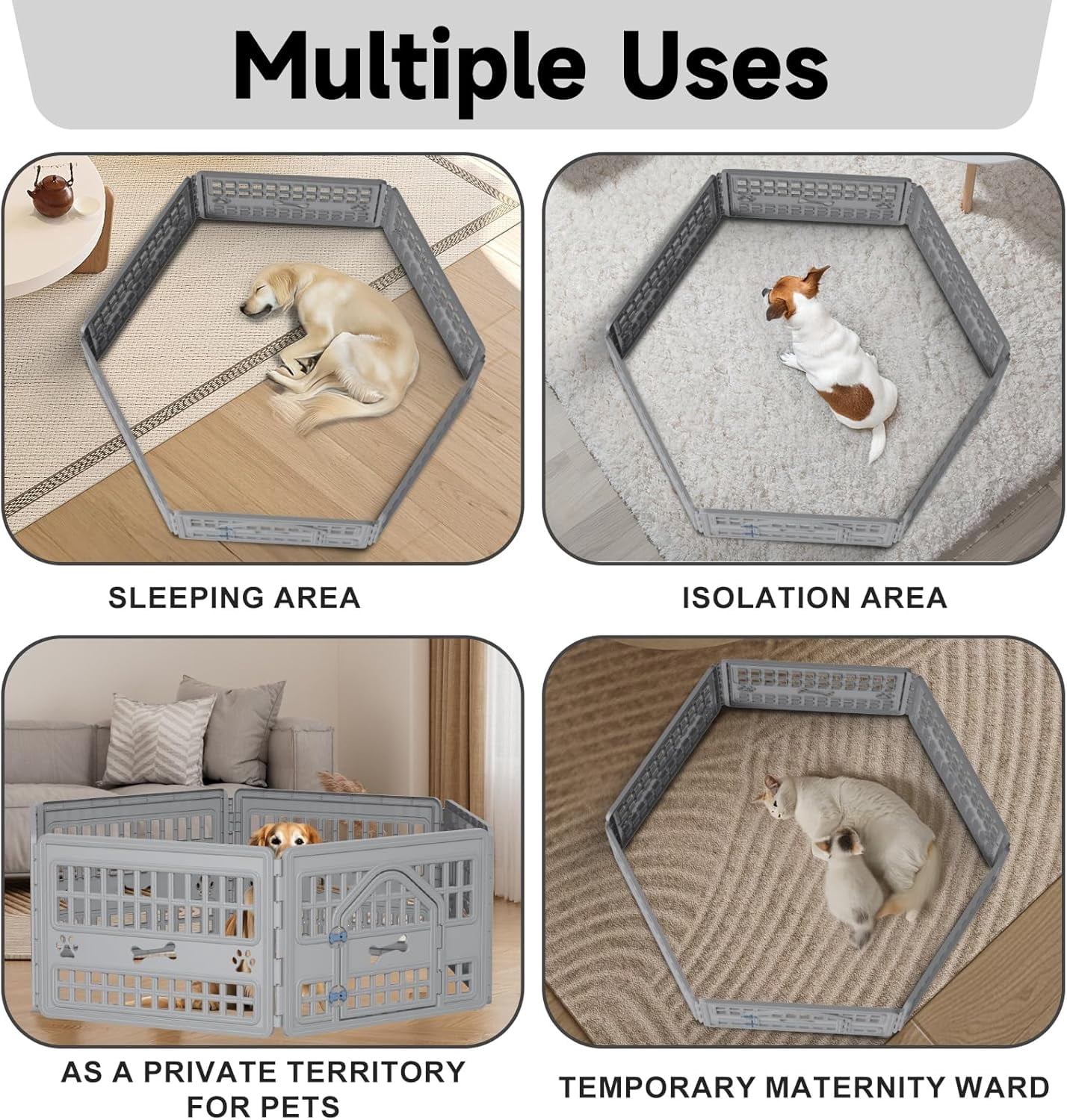 LEHOME Dog Pet Playpen Gate for Dogs Cats Safe Secure Indoor Outdoor Pet Fence with Gate Easy to Clean Keep Pets Secure (Gray, 67.24 * 67.24 * 23.7, 6)