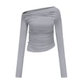 thumbnail image 1 of Fortune Women Basic Slim T-Shirts Solid Long Sleeve Ruched Off Shoulder Crop Top, 1 of 4