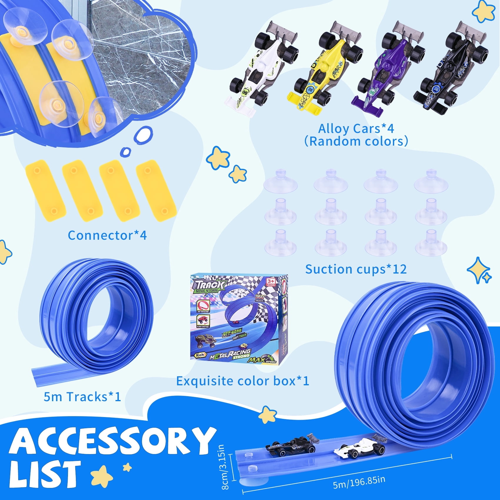 Flex Track 15 Ft Starter Set, Flexible Race Car Ramp Track for Ages 3 & Up with Suction Cups Compatible with Hot Wheels and Diecast 1/64th Cars