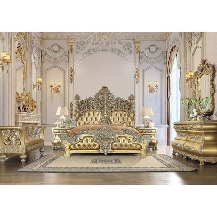 Acme Furniture ACME Seville Eastern King Bed, PU & Gold Finish, PU, Composite Wood, Resin, Upholstered