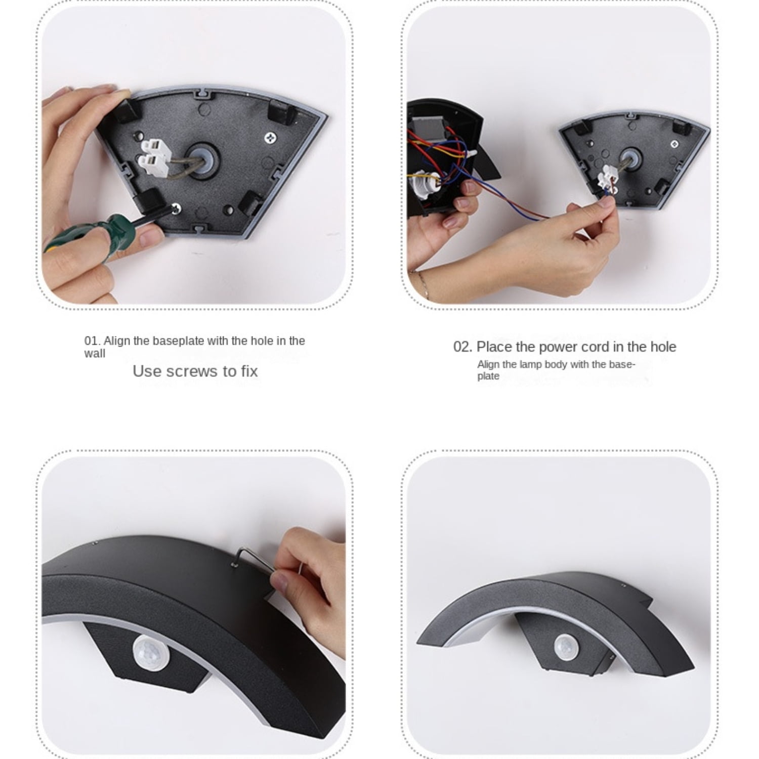 Waterproof LED outdoor wall light with motion sensor, dusk-to-dawn, for porch/garden/pathway, modern black/white design