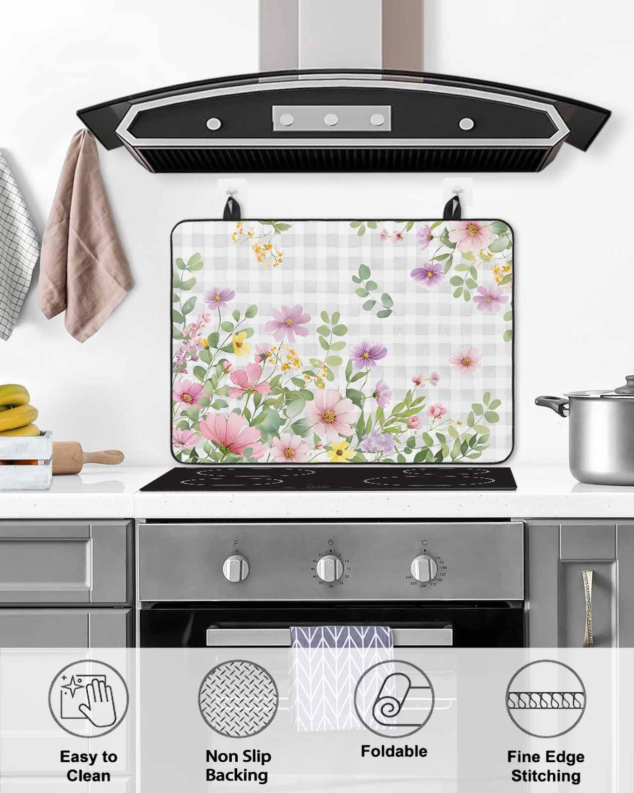 Large Induction Cooktop Protector Mat Pink Purple Flower Stove Top Covers for Electric Stove, Spring Country Floral Leaf Grey Plaid Decorative Stove Burner Cover Mats, Glass Top Stove Cover