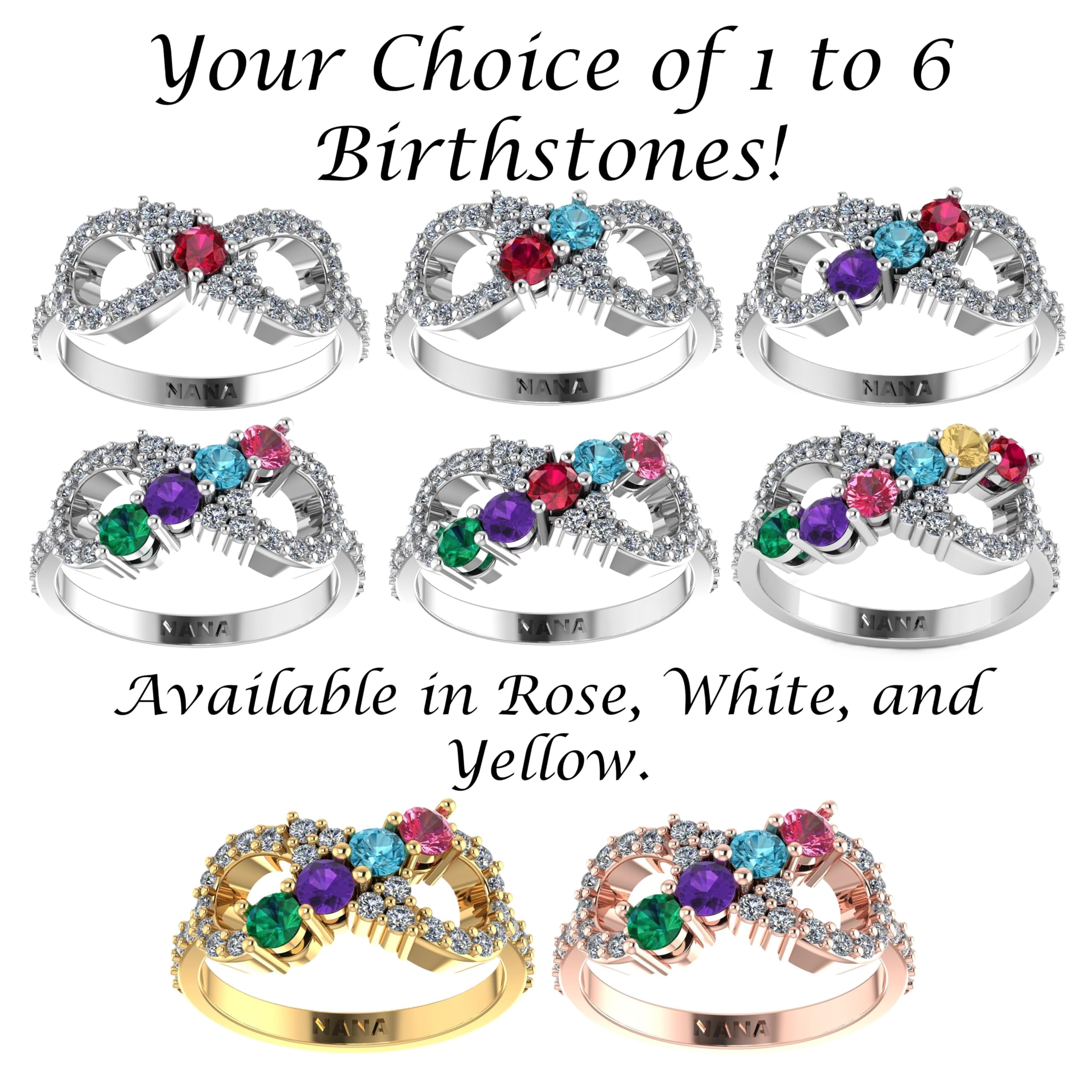 Nana Infinity 10k White Mothers Ring 1-6 Stone Mothers Day Gift for Women, Size 8 Stone 5