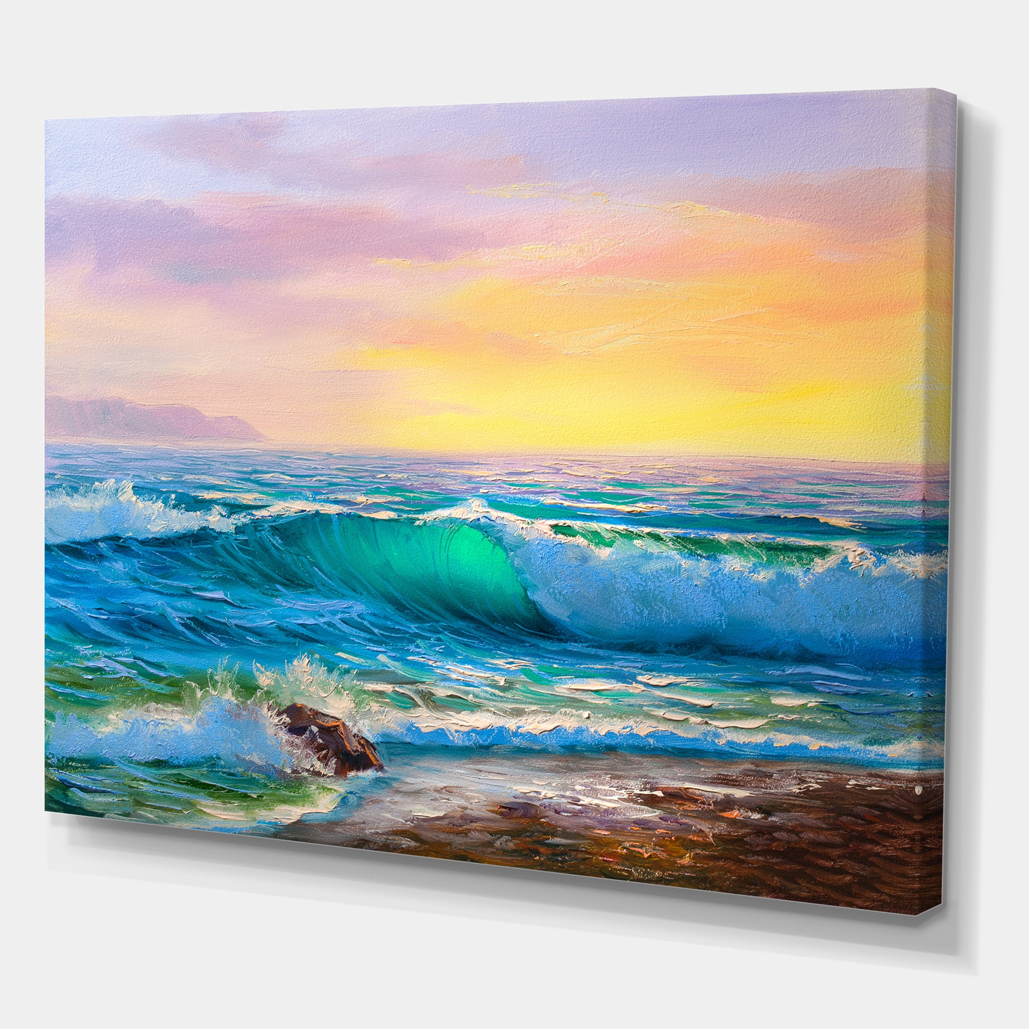 Blue Waves Breaking At The Beach Landscape IV 8 in x 12 in Painting Canvas Art Print, by Designart