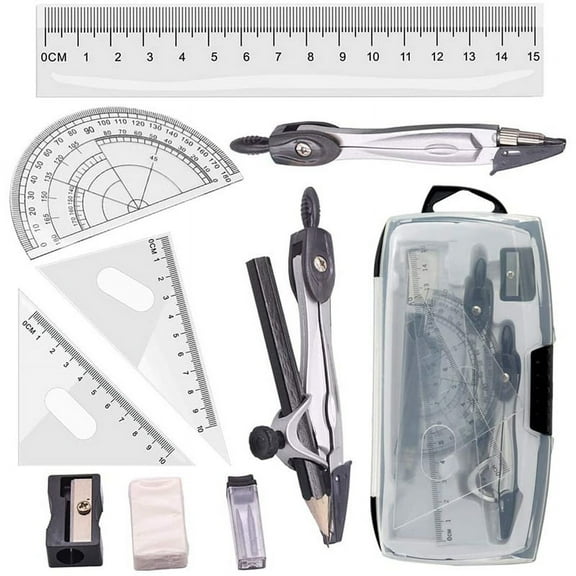 Geometry Compass Set 10Pcs School Maths Protractor Rulers for Student and Engineering in Carry Case, Gray