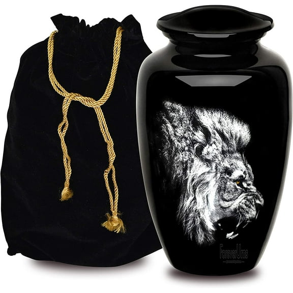 ADULT CREMATION URNS FOR ASHES- Roaring Loin Face Cremation Urn for Human Ashes - Completely Handcrafted with Volume 200 Cu. in. with Velvet Protection Bag.
