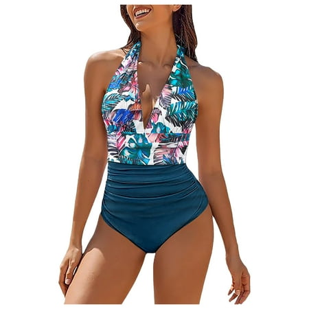 GEWSEY Women V Neck One Piece Swimsuit Halter Backless Ruched Tummy Control Bathing Suit Dark Blue  L