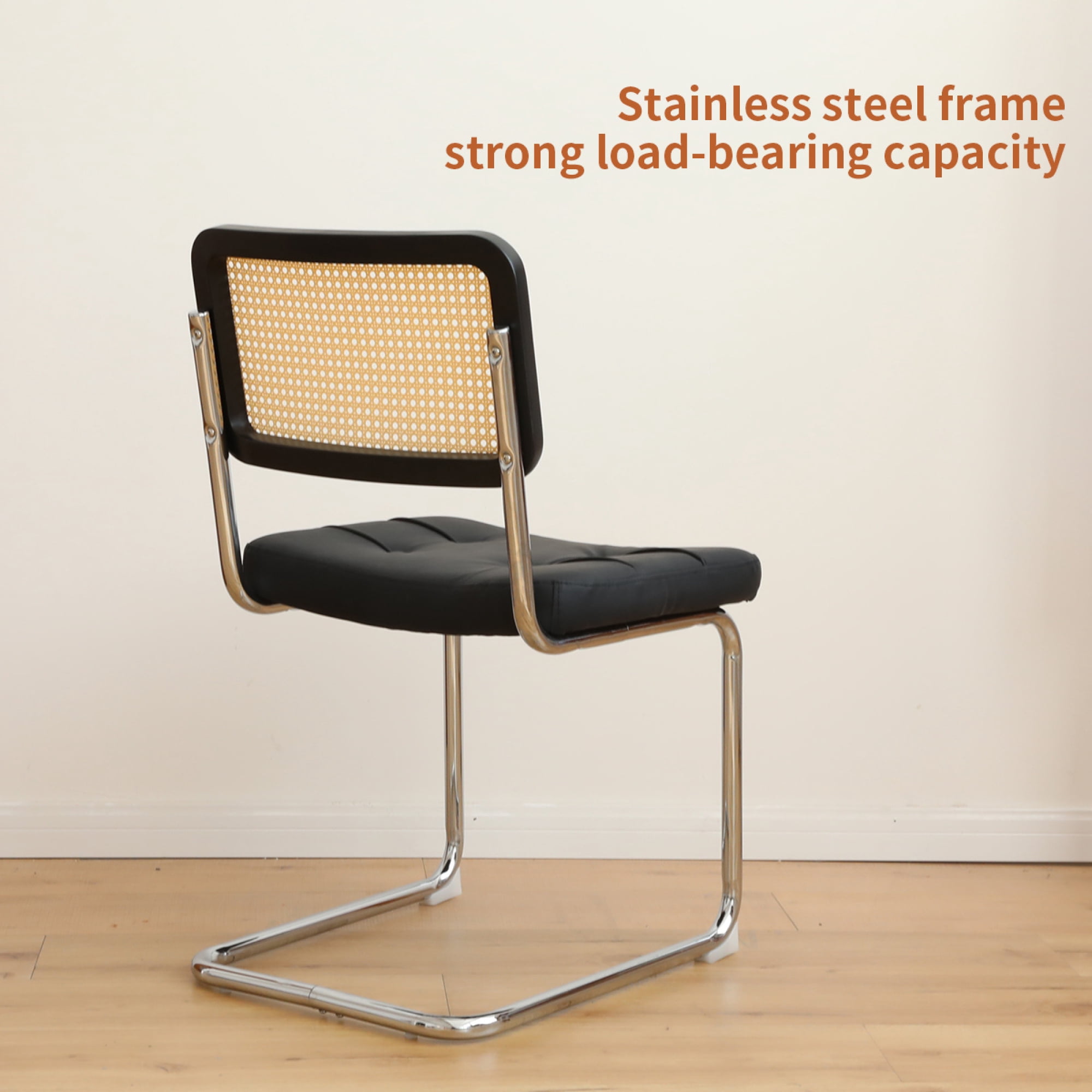Leumius Set of 2 Dining Chairs, Faux Leather Rattan Side Accent Chairs with Chrome Legs, Modern Mid Century Breuer Designed Chairs for Dining Living Room Kitchen (Black)