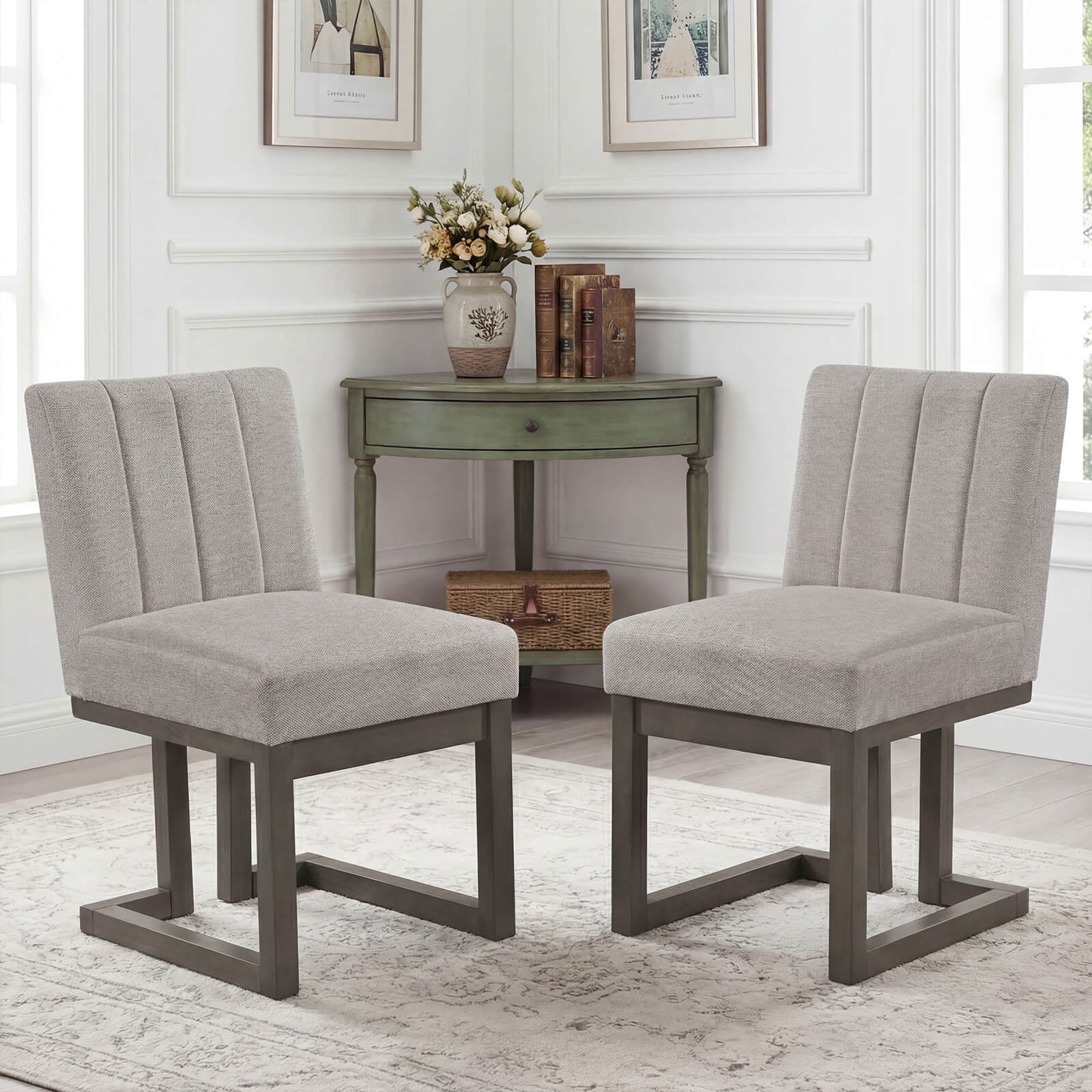 Costway 4PCS Wooden Dining Chairs Modern Farmhouse Fabric Upholstered Kitchen Chairs Beige + Gray