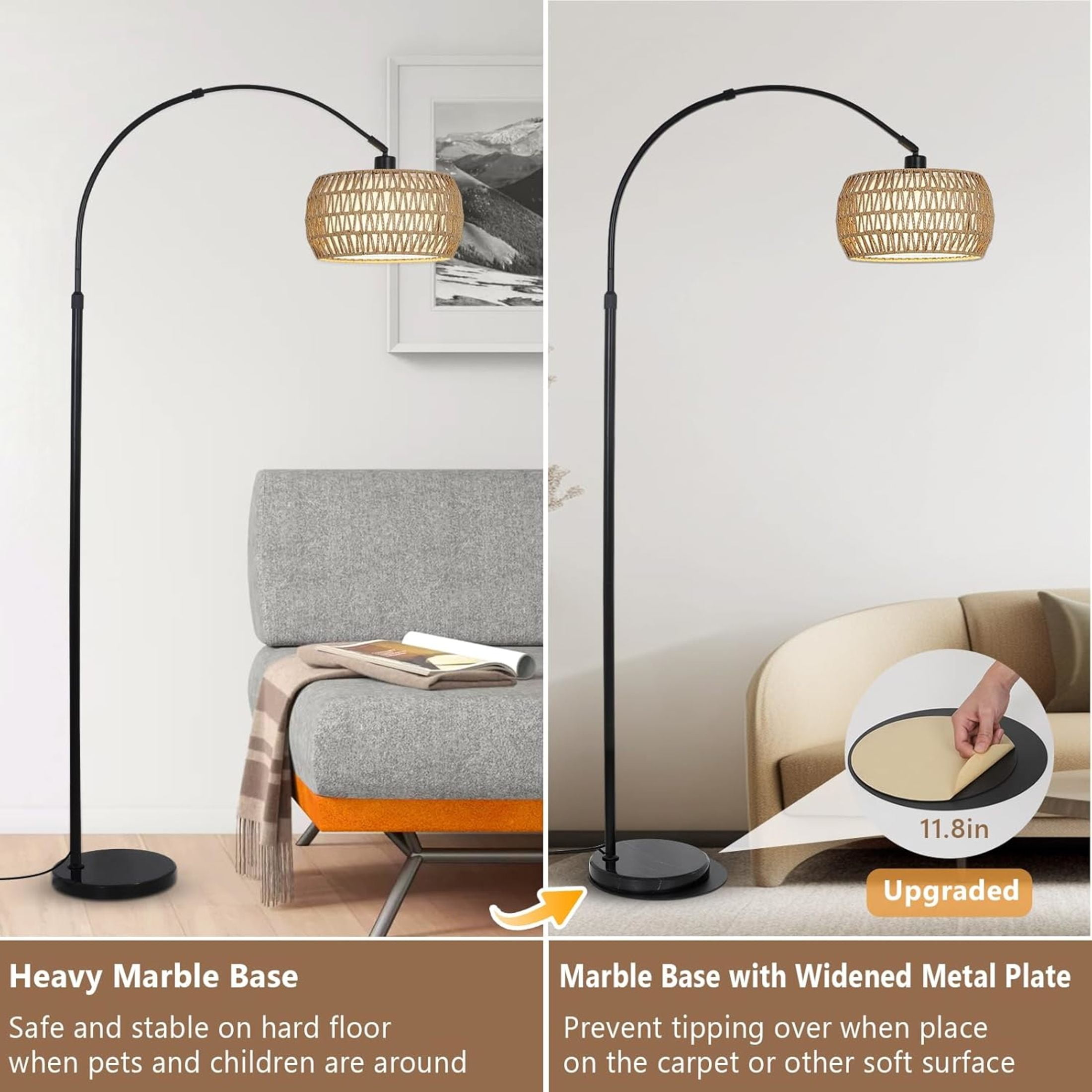 Noble House Arc Floor Lamp with Rattan and Fabric Shades,  Dimmable LED Bulb & Remote, Farmhouse Tall Lamp, Black