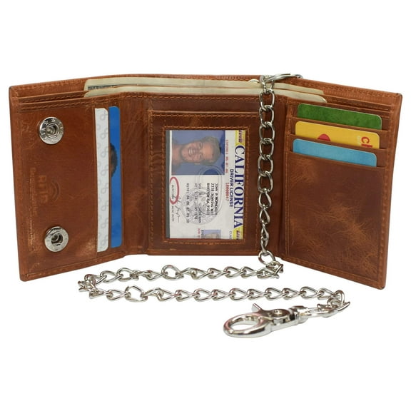 RFID Blocking Hunter Brown Leather Biker'S Wallet Steel Chain Motorcyclist