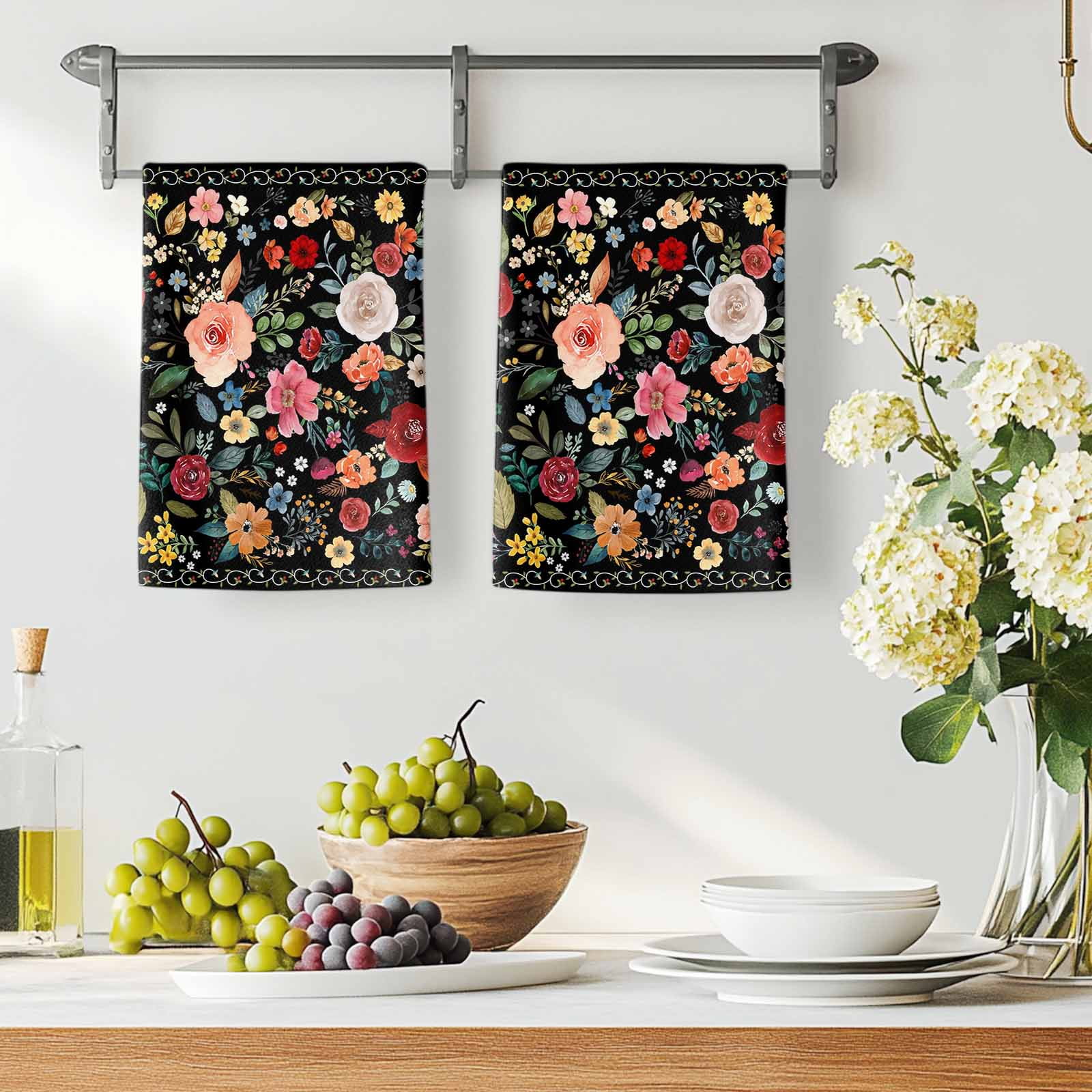 Dish Towels, Black Floral Absorbent Kitchen Towels 2 PCS, Farmhouse Vintage Flower Microfiber Hand Towels Dish Cloths Tea Towels for Home&nbsp;Bathroom Cleaning Drying,18X28-Inch,