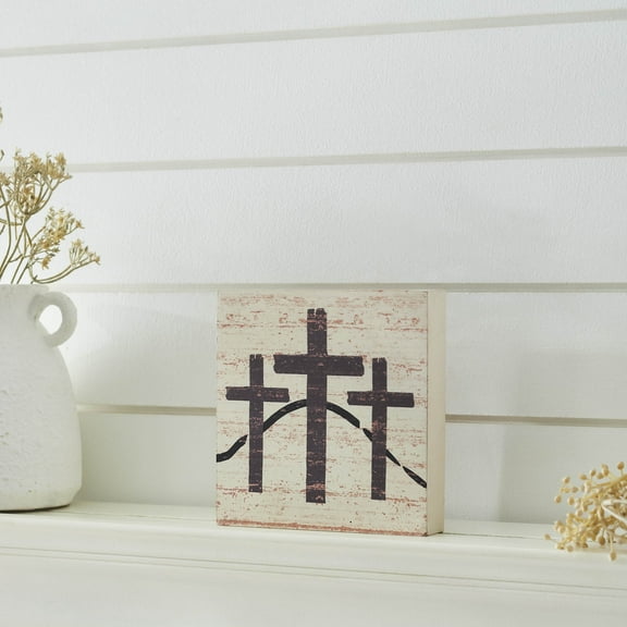 VHC Brands Celebrate Grace 3 Crosses Distressed Antique White MDF Block Sign 6x6, Spring Decor, Home Decorations for Wall or Door, Spring and Easter Hanging Decoration