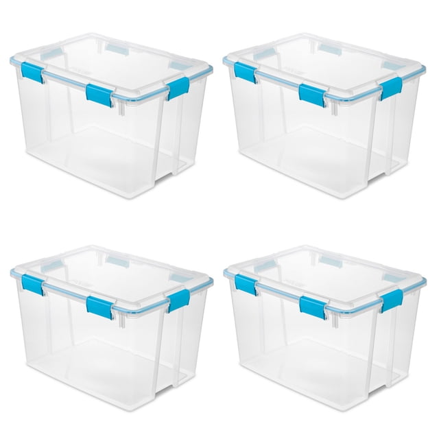 Sterilite 80 Qt Gasket Box, Clear Stackable Plastic Storage Bins with Latching Lid, 4 Pack