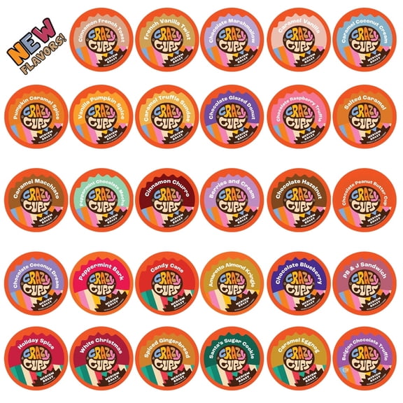 Crazy Cups Flavored Coffee Pods Variety Pack, 50 Count Premium Dessert Flavors, 30% More Coffee, 0 Calories, K-Cup Pods for Keurig Machines