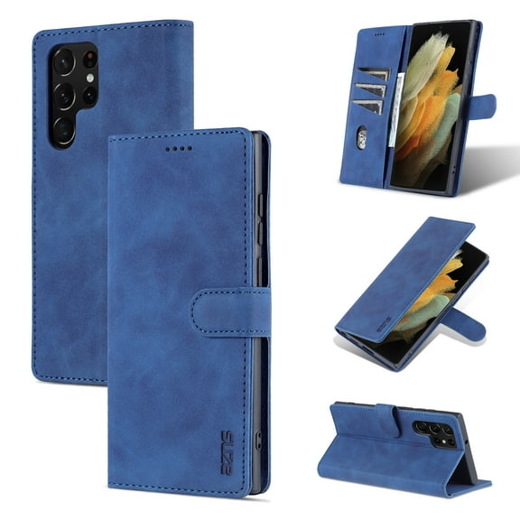 Premium Wallet Case for Samsung Galaxy S23 Ultra, Luxury PU Leather Flip Folio Cover with Card Slots Holder + Kickstand + Magnetic Clasp Glossy Case Soft Silicone Shockproof Protection Case,Blue