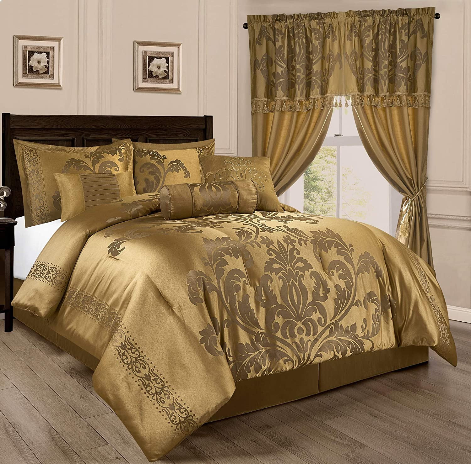 Chezmoi Collection Royale 7-Piece Jacquard Floral Comforter or Curtain Set Gold 