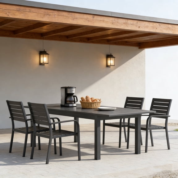 KIOOTTO 63"-92" Extendable Outdoor Dining Table, All-Weather Aluminum Patio Table for 6-10 People, Rust-Proof Slatted Grey Table with Umbrella Hole