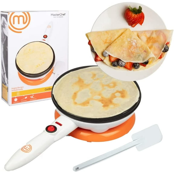 MasterChef Cordless Crepe Maker with Non-stick Dipping Plate plus Electric Base and Spatula, Recipe Guide Included, Fun Baking Gift