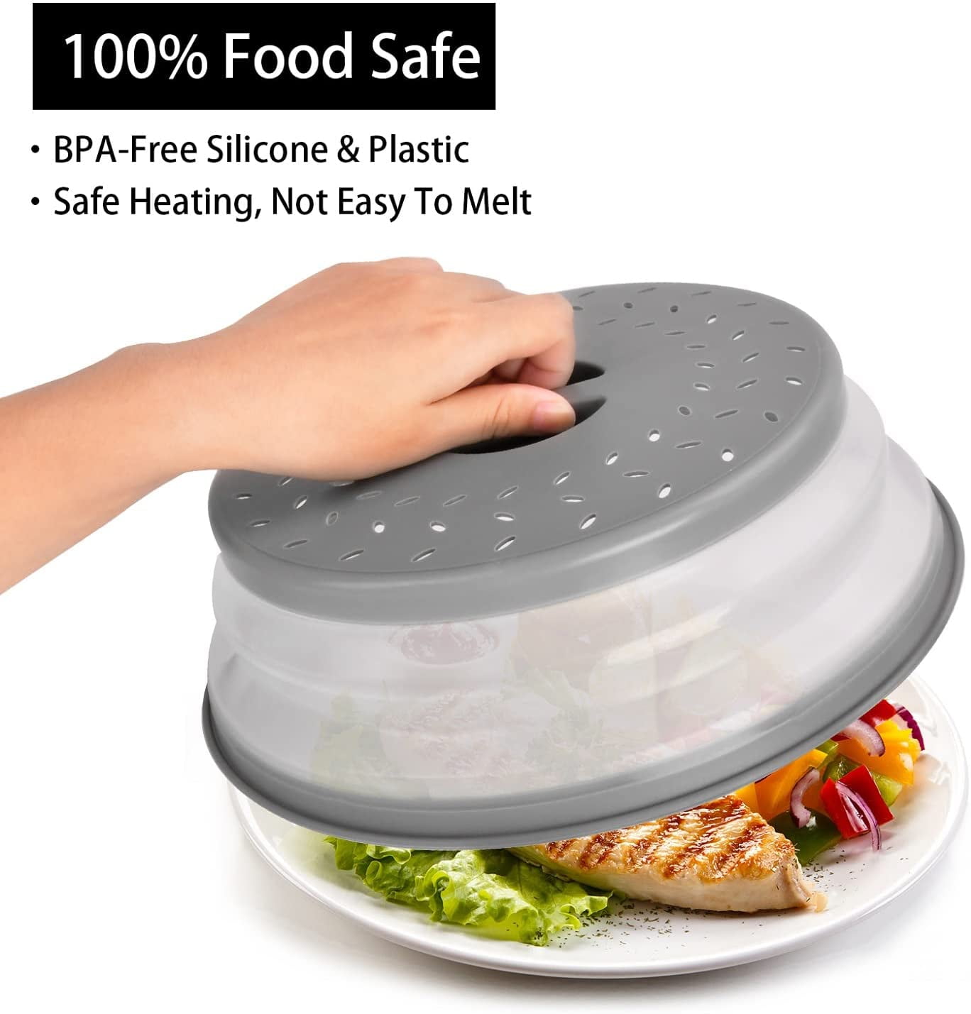 Vented Collapsible Microwave Splatter Cover for Food,Kitchen dish bowl Plate lid Can be Hung,Dishwasher-Safe,Fruit Drainer Basket,BPA-Free Silicone & Plastic,gray