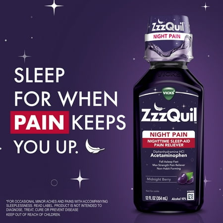 Vicks ZzzQuil Night Pain Liquid Sleep Aid, Non-Habit Forming, Nighttime Pain Reliever, Black Cherry, 24 fl oz