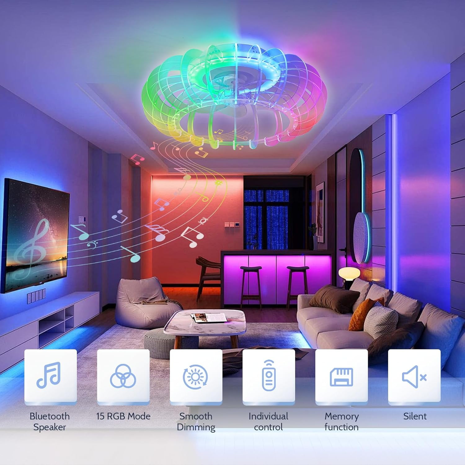 21-inch Low Profile Bladeless Ceiling Fan with Light, Bluetooth Speaker, Remote Control, 6 Wind Speeds, Dimmable LED with RGB Colors, Reversible Quiet Motor for Bedroom, Living Room, Kids Room